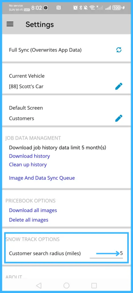 The Snow Track Option search radius