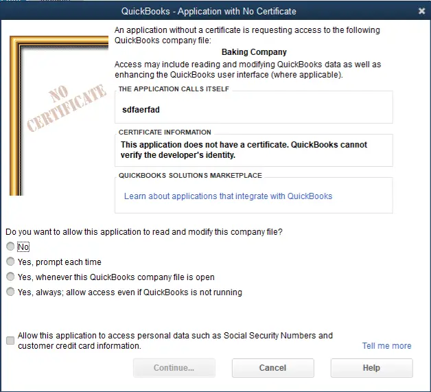 The Application with No Certificate message with Yes, always selected