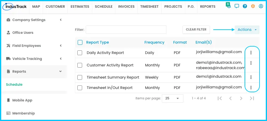 The Actions button and the 3-dot menu next to a scheduled report