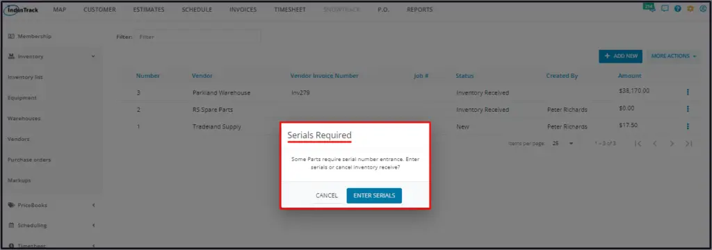 The Serials Required window with Enter Serial and Cancel