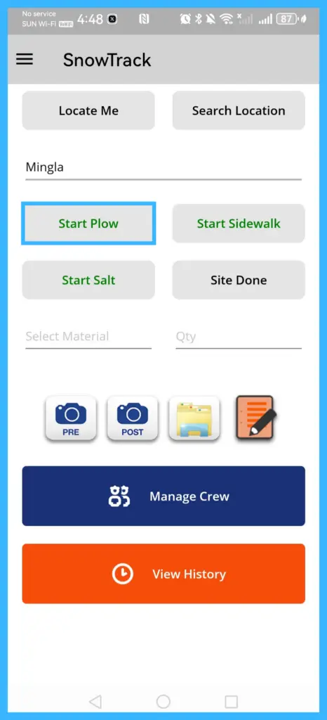 The Start Plow button for the selected location