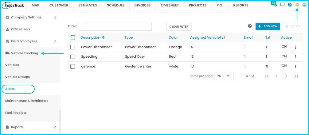Alerts in the Vehicle Tracking settings menu