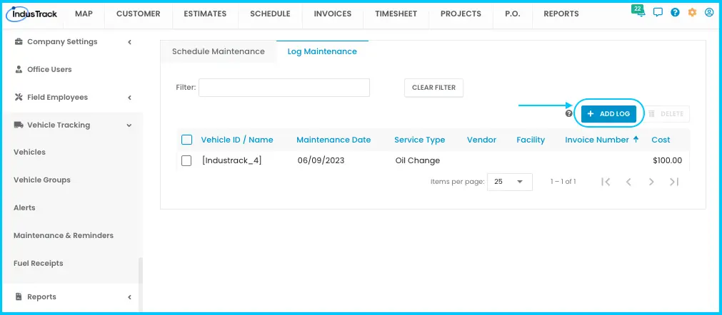The + Add Log button on the Log Maintenance tab