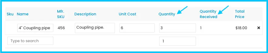 A purchase order showing the received quantities