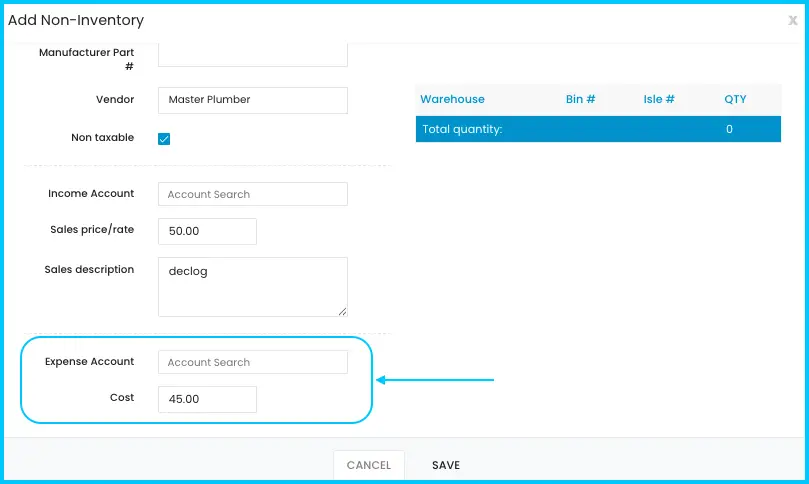 The Expense Account and Cost fields for a non-inventory item