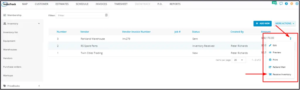Receive Inventory in the 3-dot menu