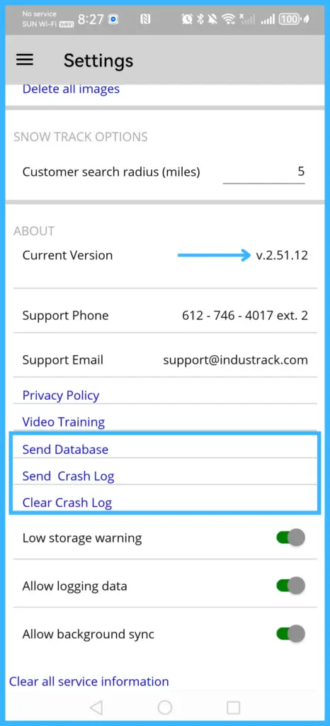 Developer tools: Send Database, Send Crash Log and Clear Crash Log