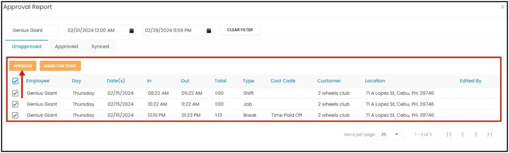 Timesheet entries checked, with the Approve button