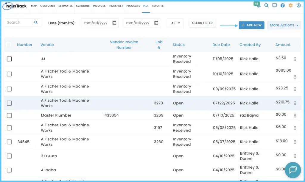The + Add New button on the Purchase Orders page
