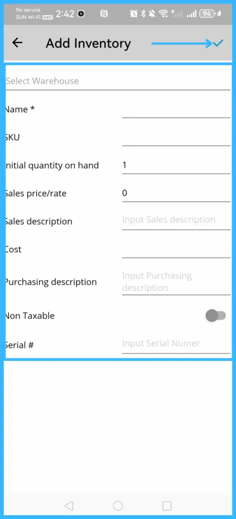 The Add Inventory page with warehouse, name, quantity, sales price and cost