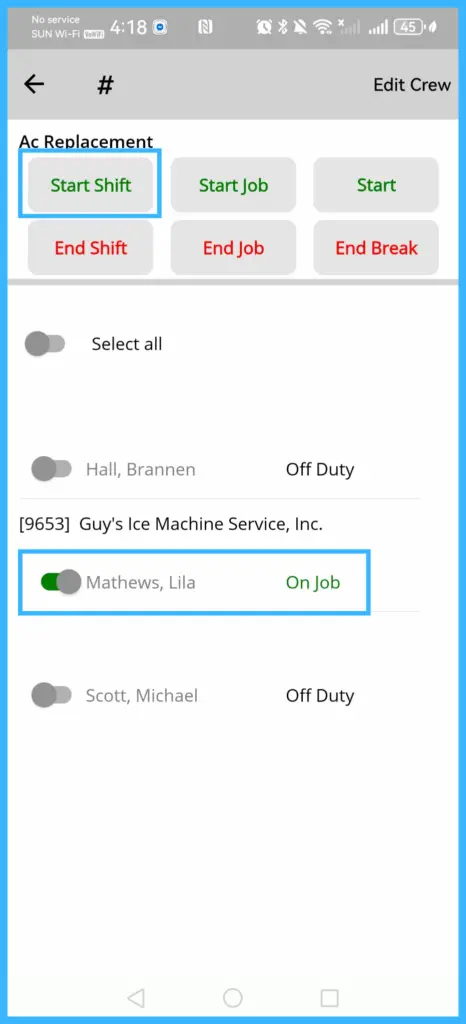 Toggling crew members and the Start Shift, Start Job and Start Break buttons