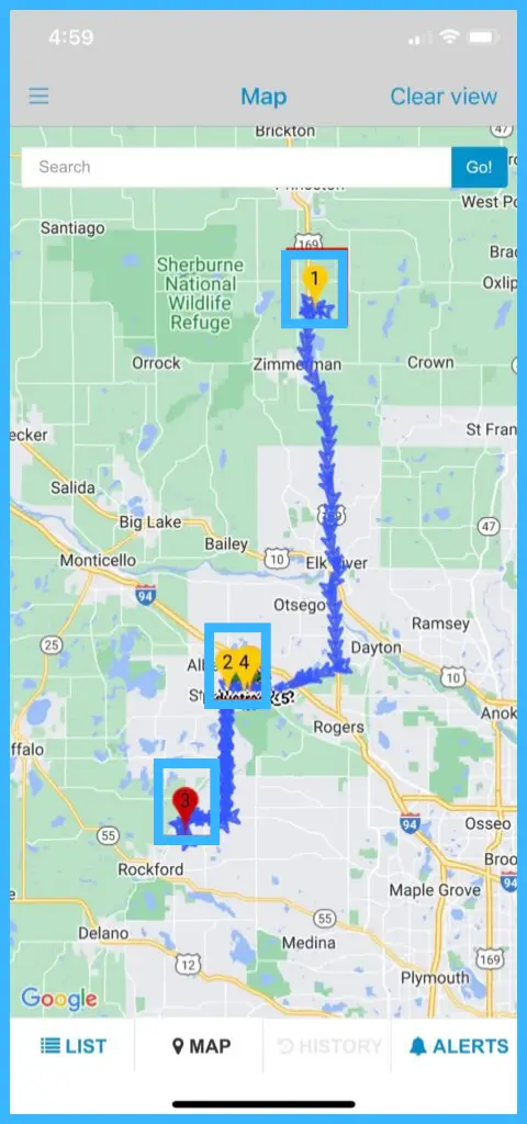 A vehicle's travel path with numbered pins