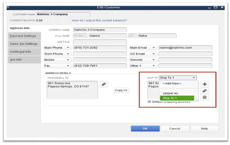 Ship To locations for a customer in QuickBooks