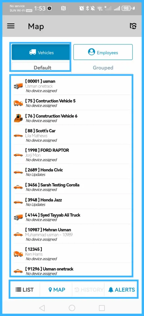 The Vehicles tab with colored vehicle icons and the Map, History and Alerts options