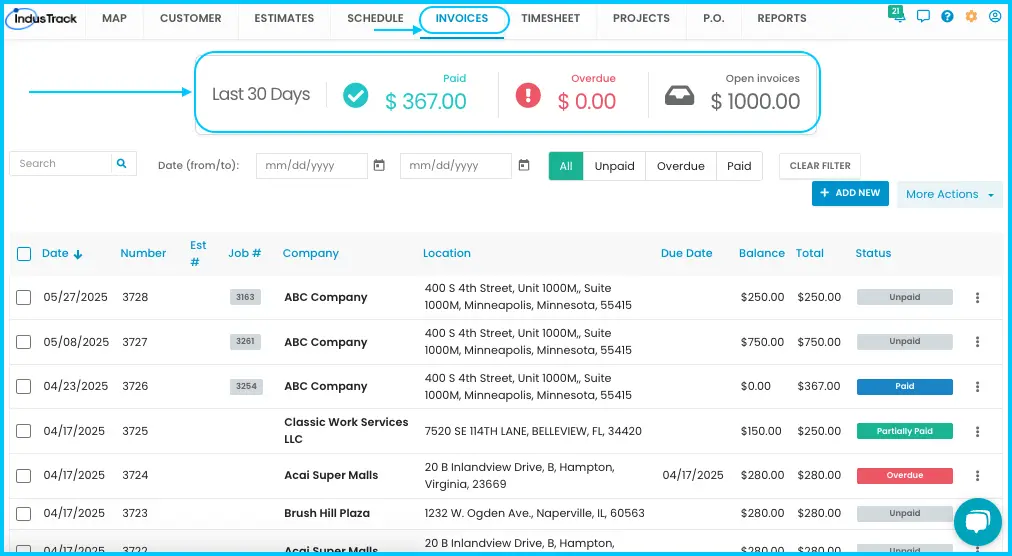 The summary at the top of the Invoices module: Paid in Last 30 Days, Overdue and Open Invoices