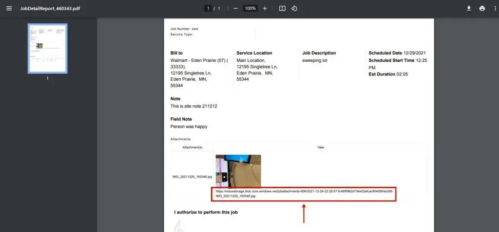 A Job Detail Report PDF showing clickable image thumbnails