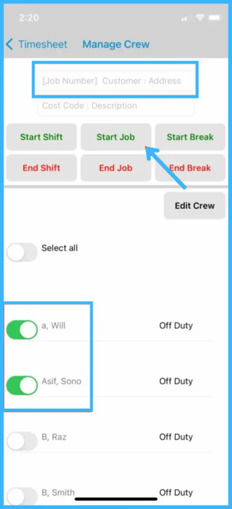 Selecting the job number, cost code and crew sliders, then Start Shift or Start Job