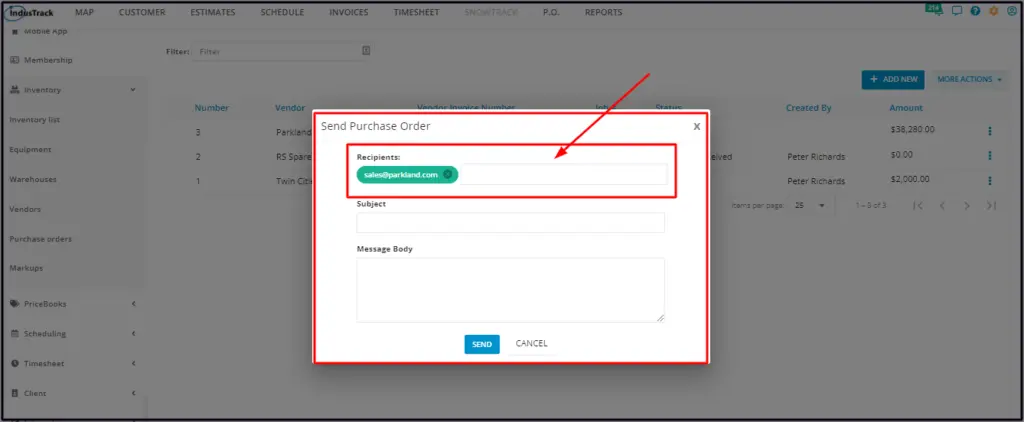 The Send Purchase Order window with the vendor's email in Recipients