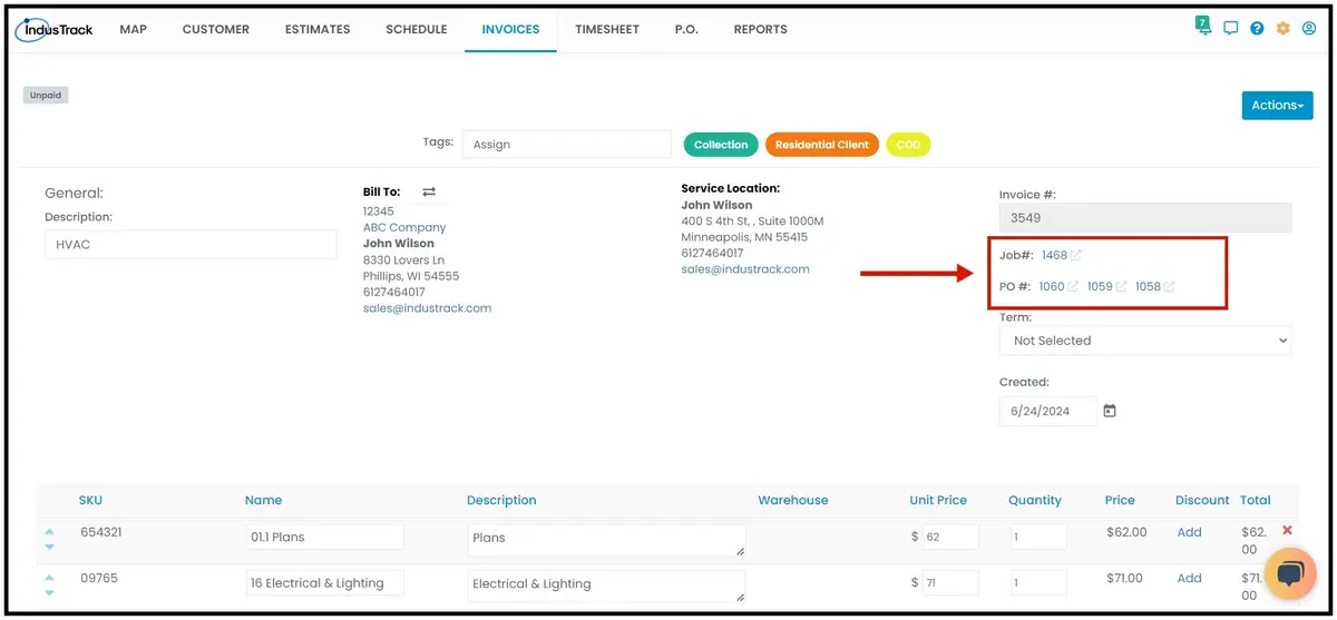 An invoice with links to its job and purchase order numbers