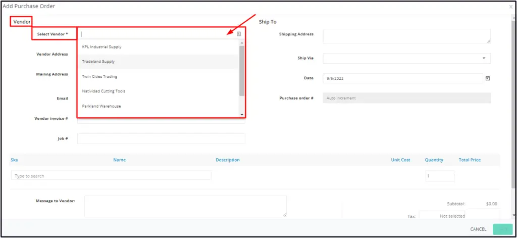 Picking a vendor from the Vendor drop-down