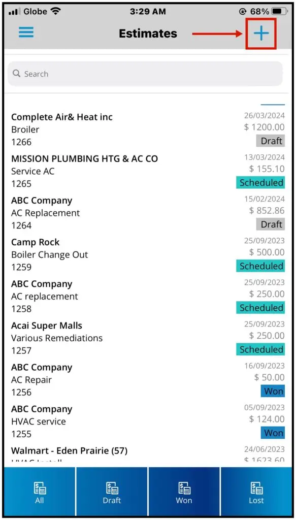 The Add (+) button at the top right of the Estimates page