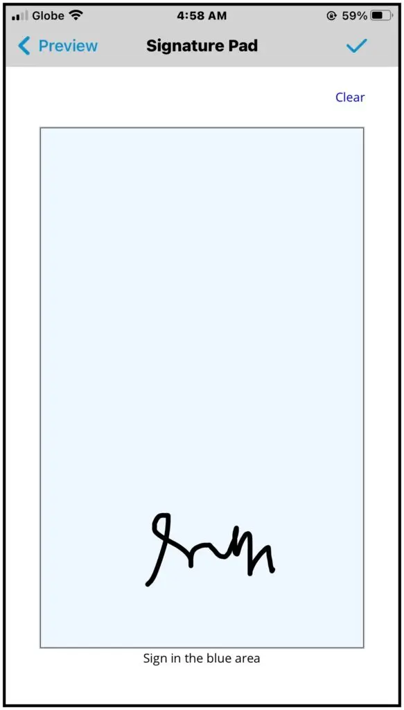 The customer signature pad with Clear and Save