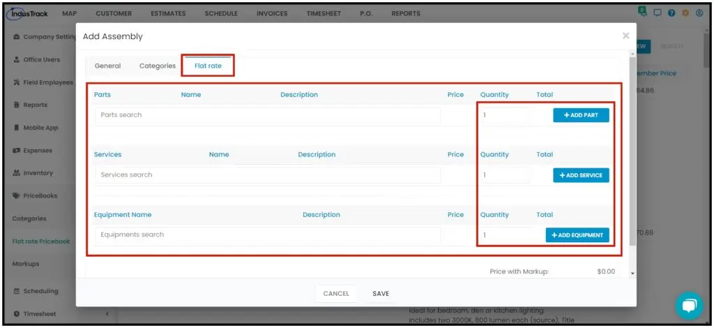 The Flat Rate tab with search bars for parts, services and equipment