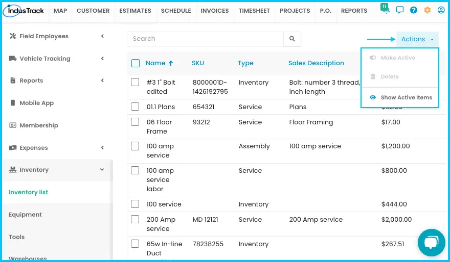The Actions menu on the inactive list: Make Active, Delete and Show Active