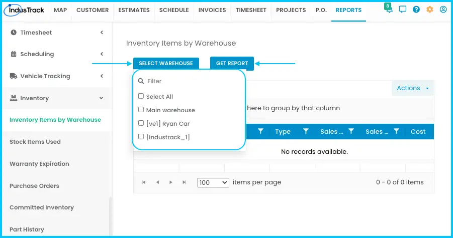 An Inventory Items By Warehouse report