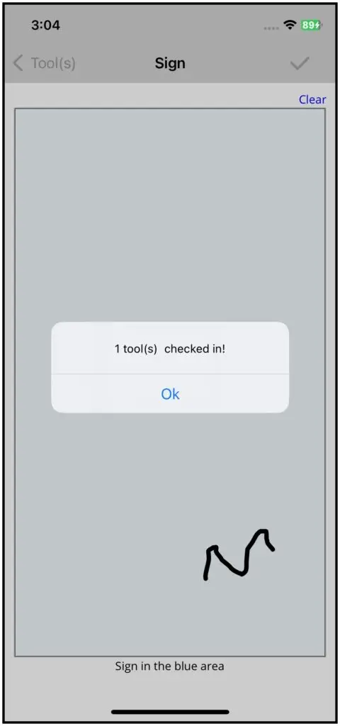 The signature pad and the check-in confirmation