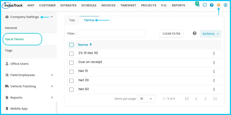 The Terms page under Settings > Company Settings > Tax & Terms