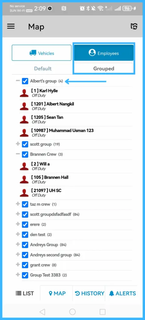 The Grouped tab showing employees by group