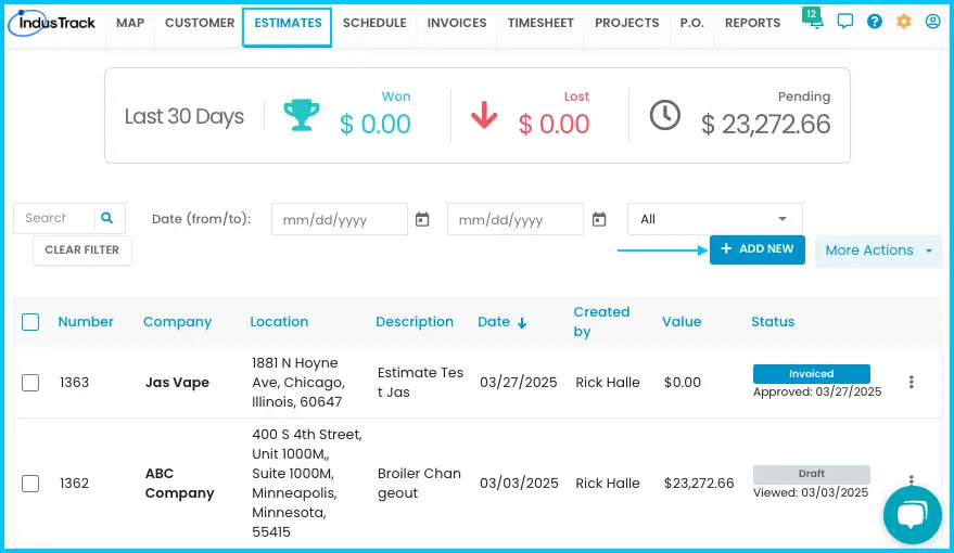 The Add New button in the Estimates module