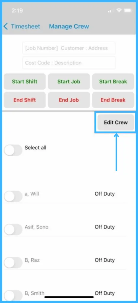 The Manage Crew page with the Edit Crew option