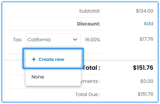 The + Create new button for adding a tax rate