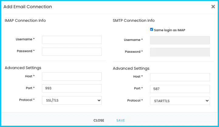 The Edit Email Connection window with username, password, IMAP and SMTP settings