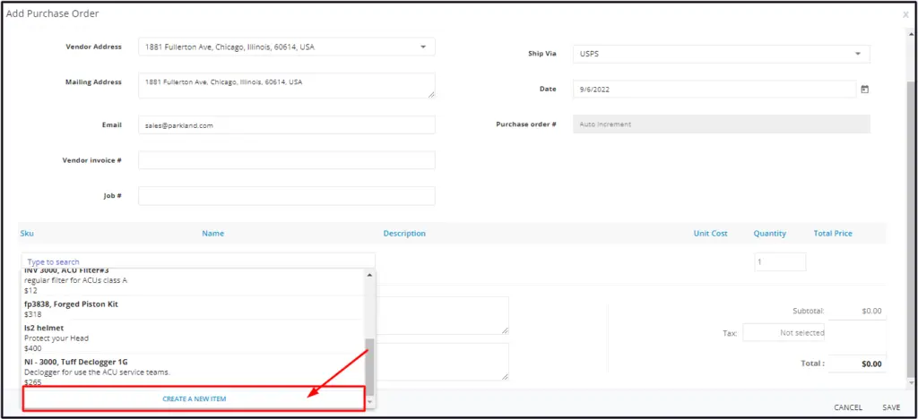 Create a New Item at the bottom of the item list