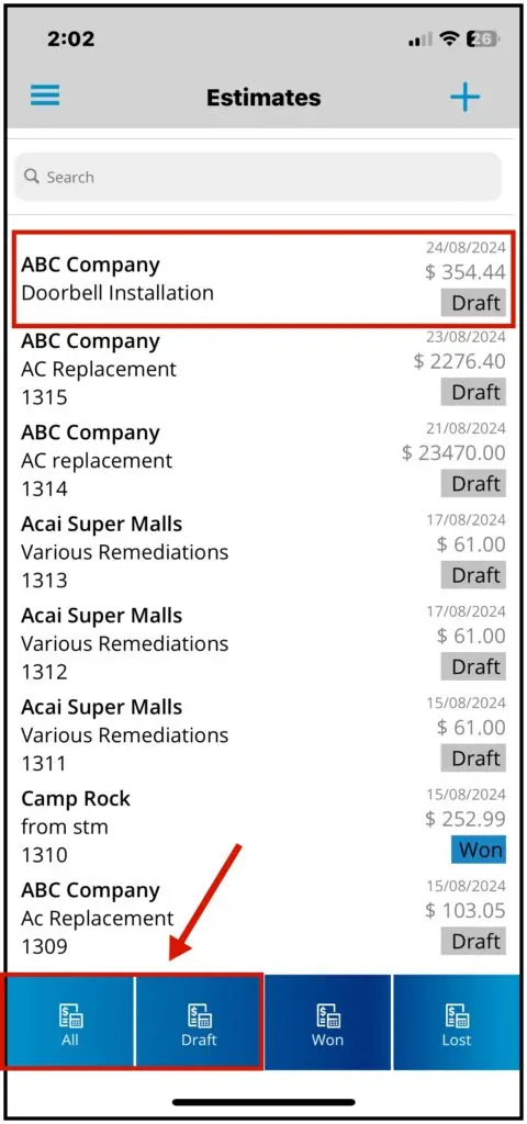 A saved estimate in the estimates list