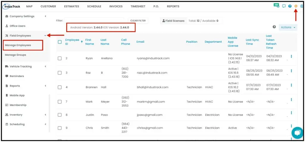 The Field Employees page showing the latest mobile app version