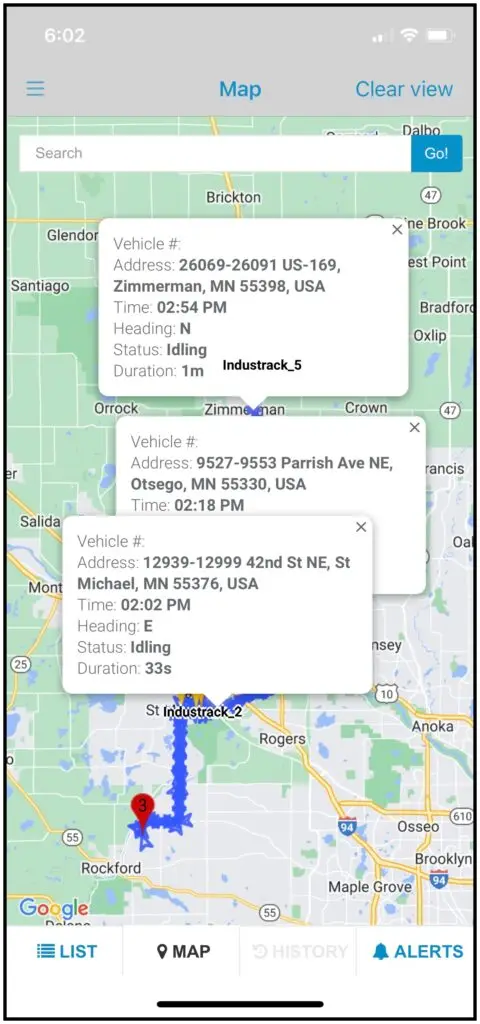 Pin details and the Clear button on the vehicle history
