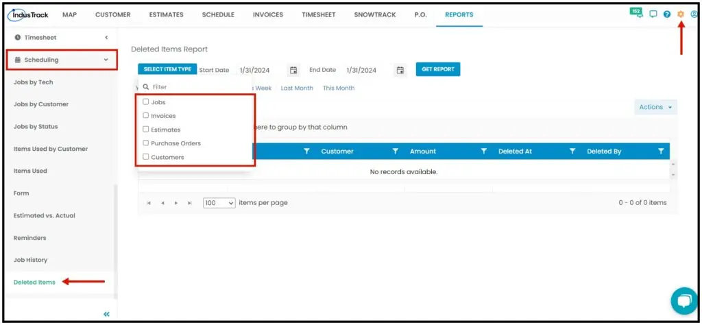 The Deleted Items Report showing who deleted each item and when