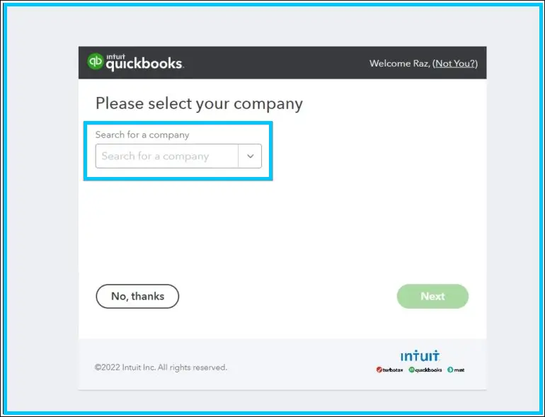 Choosing your company on the QuickBooks page