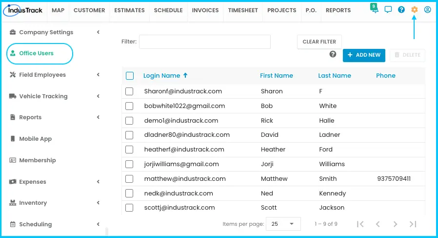 The Office Users list under Settings