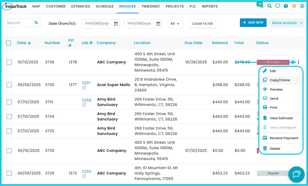 The three-dot menu next to an invoice