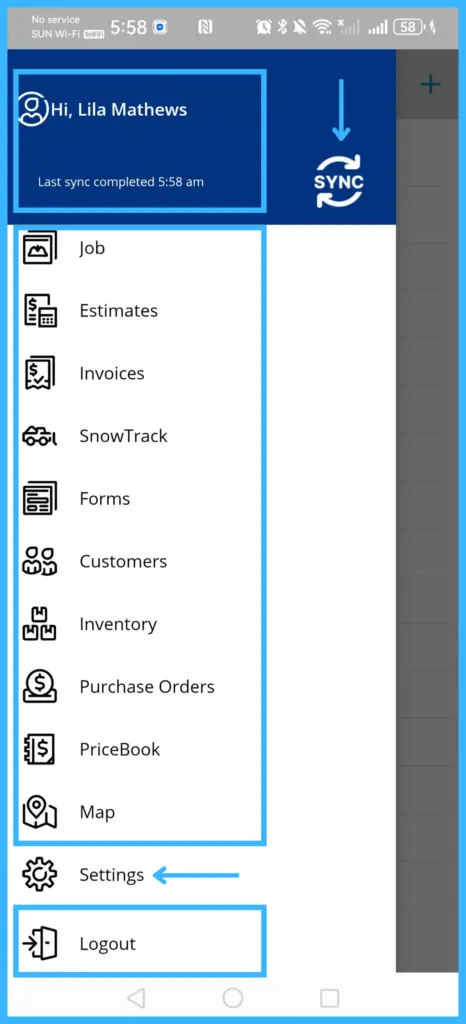 The top of the app Settings screen with account name, last sync time, modules, and the Manual Sync and Logout icons