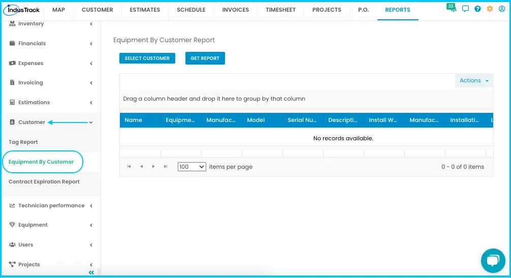 An Equipment By Customer report with its columns
