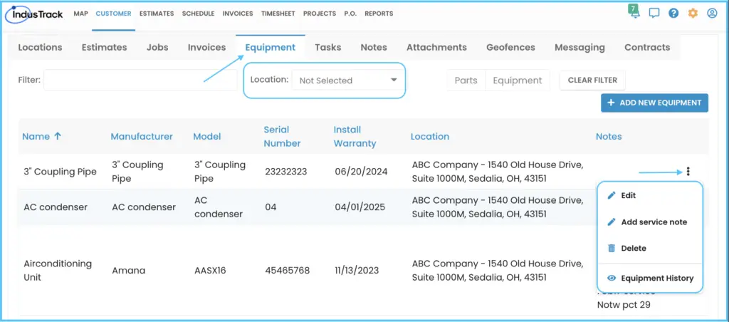The Equipment tab with the customer's equipment list