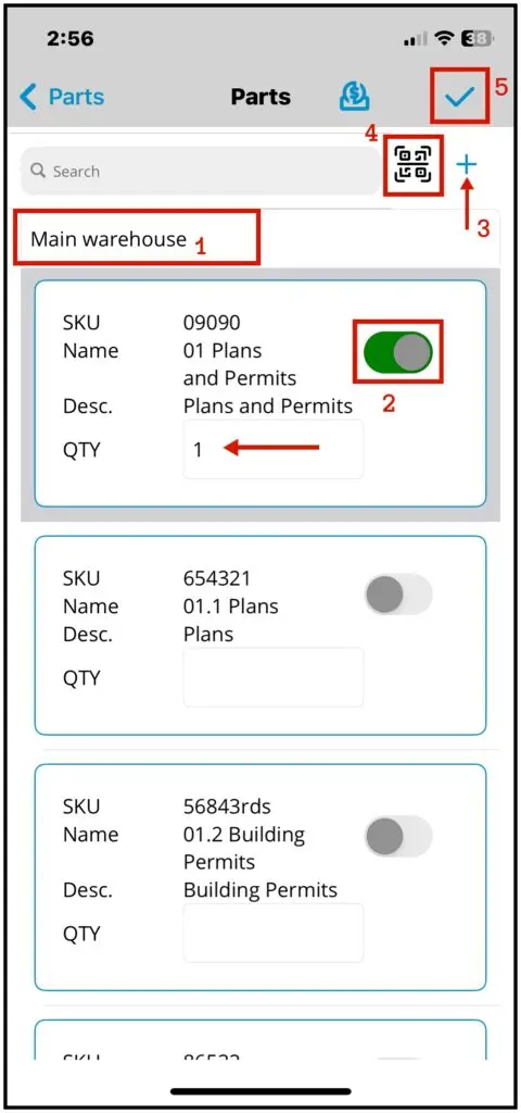 Adding items from a warehouse with toggles, QTY and Scan