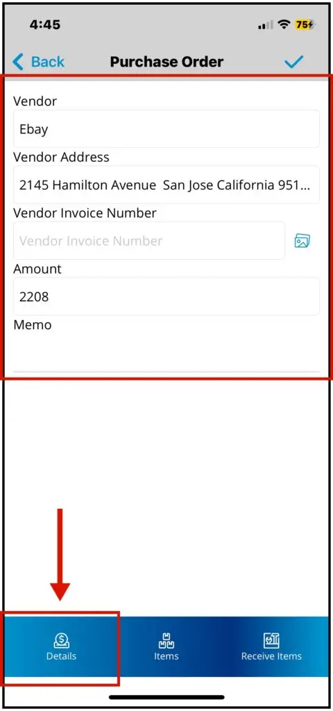 The purchase order details page