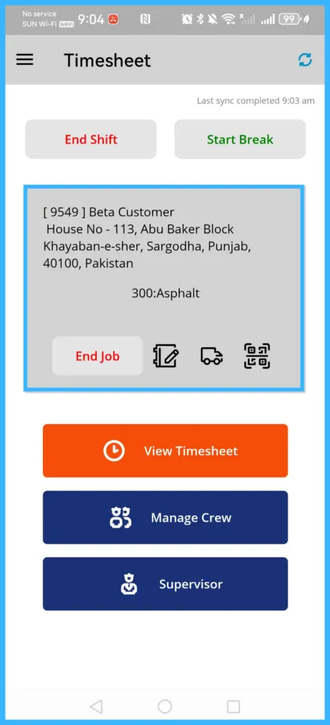 The Timesheet screen tracking job time after Start Job
